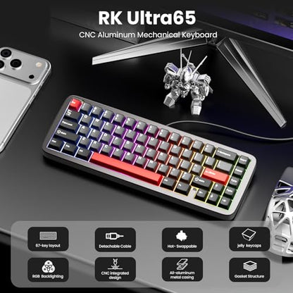 RK ROYAL KLUDGE U65 Aluminum Gaming Keyboard, Wired 60% Mechanical Keyboard with Full CNC Aluminum Body, Gasket Mount, Hot Swappable Pre-Lubed Switches, RGB Backlit, PBT Keycaps, Thocky Creamy Sound