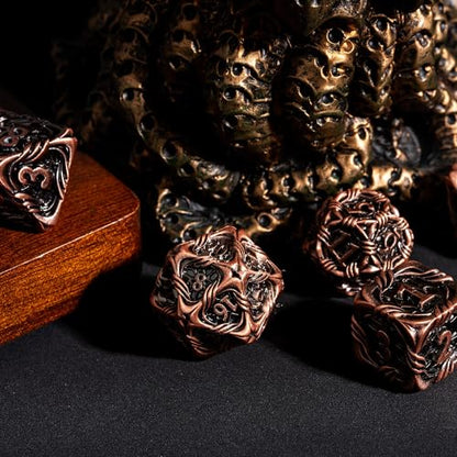 7-Die Metal DND Dice Set Role Playing Dice for RPG Table Games | Vine Design PU Leather Pouch for Dungeons and Dragons - color: Vine-ancient Copper