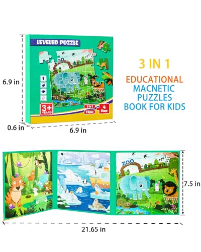 Magnetic Puzzles for Kids Ages 3-5, 3 in 1 Animal Magnet Jigsaw Puzzle Book for Toddlers, Car Airplane Road Trip Activities Toys for 3 4 5 6 Year Old Girls Birthday (Animal) - style: Level 3 Animal