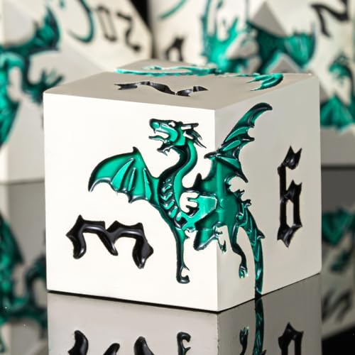 Sharp Edge Metallic DND Dragon Dice Set,Metal Polyhedral Dice with Dragon for Dungeons and Dragons RPG TTRPG D&D 7-Die Set with Gift Case Pearl Silver Transparent Green - color: Dragon-pearl Silver Transparent Green