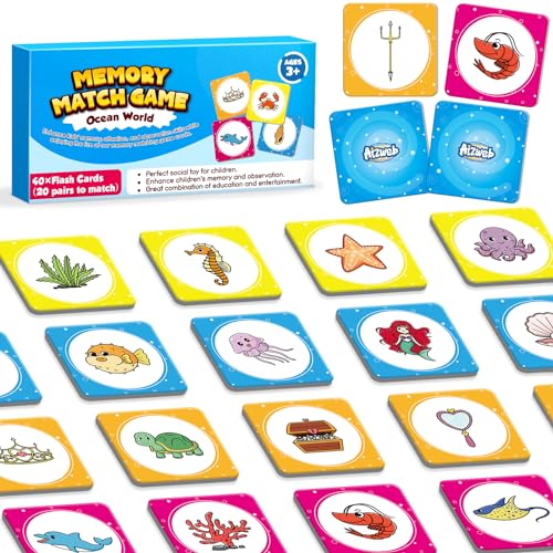 Aizweb Match Game,Memory Game,40 Pcs Toddler Card Games for Boys Girls Kids Ages 3 4 5 6,Flash Cards for Preschool Kindergarten Learning Activities,Educational Toys Homechool Supplies - style: Ocean World