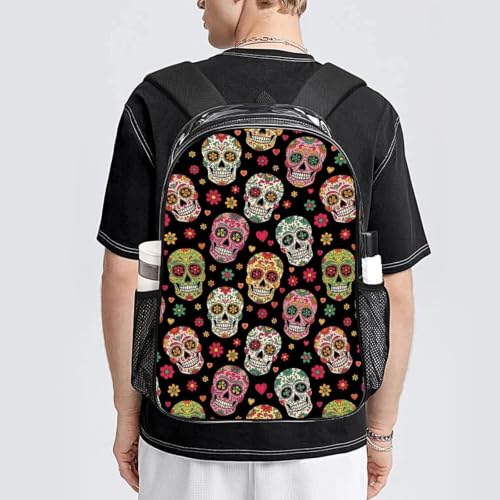 Stadium Approved Clear PVC Backpack Reinforced Straps | Heavy Duty, Day Of The Dead Sugar Skulls, See Through Daypack - color: Pattern (840)