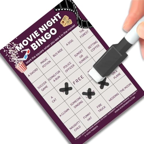 XOXO Parents Movie Night Bingo Cards, Reusable Supplies - Action | 4 reusable dry-erase cards, markers included, fun for kids & adults, guys night game, blockbuster movie lover gift