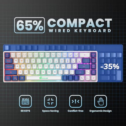 GEODMAER 65% Gaming Keyboard, LED Backlit Mini Wired Keyboard, Ultra-Compact Anti-Ghosting No-Conflict 68 Keys Membrane Gaming Wired Keyboard for PC Laptop Windows Gamer(White-Blue) - color: White-Blue