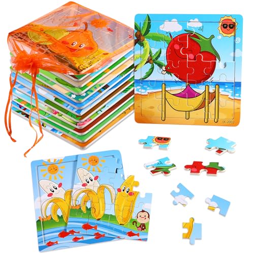 SANNIX 12 Pack Wooden Jigsaw Puzzles for Toddlers 3 4 5 Years Old | Party Favors Animals Jigsaw for Kids, Transportation Educational Puzzles Travel Toy with 12 Organize Bags - style: Fruits