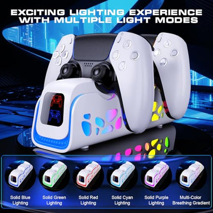 PS5 Controller Charger Dock for DualSense/Edge, 6 RGB Modes | ABS shell for PS5 setups charges DualSense/Edge controllers with auto-align dock, 6 RGB modes and safety chip