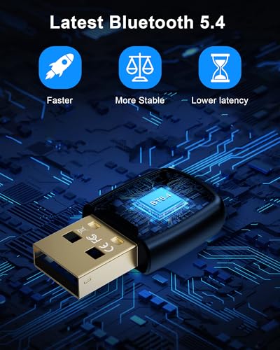 5.4 Bluetooth Dongle - 20M Range USB Adapter for PC, Plug and Play, Supports Laptop Headphones, Keyboard, Mouse - Windows 11/10/8.1