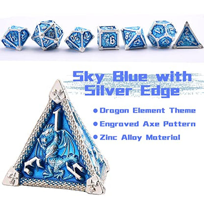 AUSTOR 7-Die Metal DND Dice Set Dungeons and Dragons Polyhedral Roll Playing Dice with Box D20 D12 D10 D% D8 D6 D4 for Pathfinder MTG RPG Board Games - color: Sky Blue With Silver Edge