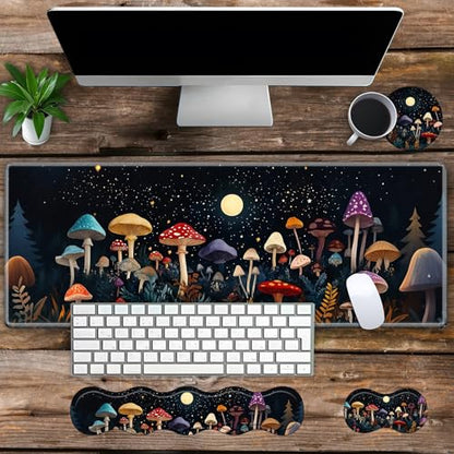 Large Gaming Mouse Pad Set with Wrist Support – 31.5" x 11.8" 4-in-1 XXL Mousepad with Keyboard Wrist Rest, Mouse Wrist Rest & Coaster – Ergonomic Desk Mat for Office, Home – Mushroom - color: Mushroom