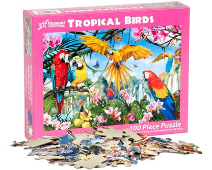 Vermont Christmas Company Tropical Birds Puzzle - 100 Piece Interlocking Large Bird Jigsaw Puzzle - Thick, Durable Bird Puzzles for Kids & Seniors - Jigsaw Puzzles Birds Colorful Artwork (19" x 13")