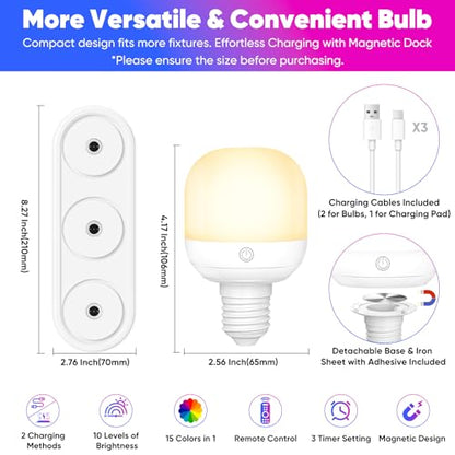 Rechargeable Battery Operated Light Bulb Set with Magnetic 3 in 1 Charging Station & Remote Control, Wireless Dimmable Detachable LED Bulb with 15 Colors Selectable for Wall Sconce, Non-Hardwired - size: 3 Pack