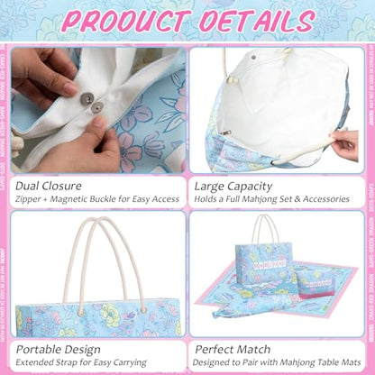 Soulchen 3 Pcs Empty Mahjong Bag Set American Mahjong Buckled and Zippered Carrying Bag with Handle, Tile case and Drawstring Protective Sleeve for Rack Game Travel Accessories Gift(Blue Floral) - style: Blue Floral