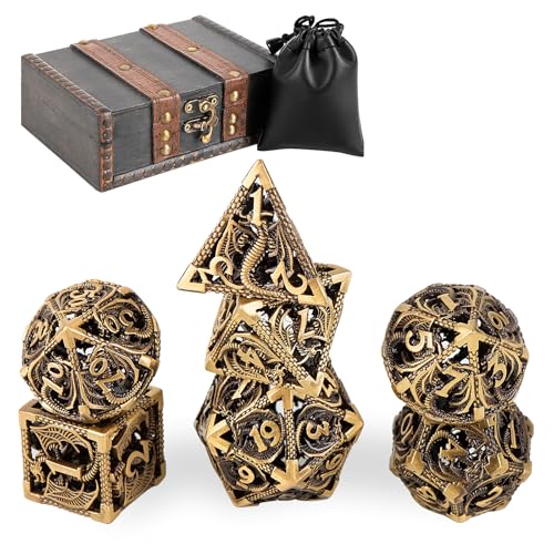 7PCS DND Dice Set, Premium Hollow Metal Polyhedral Dice with Treasure Chest & Dice Bag, Gift for Men & Women, Dungeons and Dragons, TTRPG RPG Tabletop Games (Antique Gold Copper) - color: Antiquegold-copper