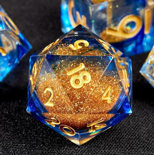 Dungeons and Dragons Liquid Core Dice Set D&D, Polyhedron DND Resin dice Set, Used for Role-Playing dice Magic Pathfinder Game DND dice Set (7 Pieces) - color: S Zhi +Blue Yellow + Yellow Letter