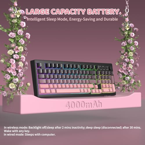 FREEWOLF K100 99 Keys Gaming Creamy Silent Wireless Keyboard with Media Knob,BT/2.4GHz/USB-C,Side Printed Keys RGB Backlit Number Pad,Retro Cute Membrane Computer Keyboard for PC/MAC-Gradient Pink - color: Gradient Pink