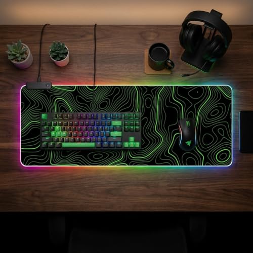 RGB Mouse Pad LED Desk Mat Large Gaming Mousepad Black and Green Line Design, Keyboard Pad XL Mouse Mat for Home and Office - color: Black With Green Topographic Line