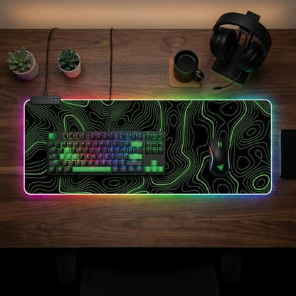 RGB Mouse Pad LED Desk Mat Large Gaming Mousepad Black and Green Line Design, Keyboard Pad XL Mouse Mat for Home and Office - color: Black With Green Topographic Line