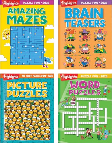 2026 Puzzle Fun Activity Book Gift Set for Kids 6 and Up, 4 Fun Books with Brain Teasers, Mazes, Word Games and More, Travel Activity and Puzzle Game Books for Kids