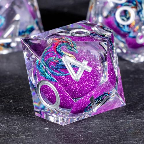 OUKELANWO Liquid Core Dragons Stickers DND Dice Set D&D, 7Pcs Dungeons D and D Role Playing Dice with Gift Box, Resin Sharp Edge Dice D20 D12 D10 D8 D6 D4, Purple White - color: Purple