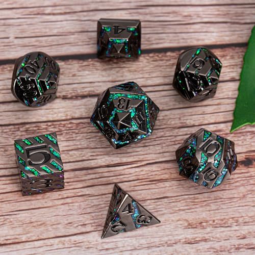 Metal Dice Set with Inlay Design, Heavy Zinc Alloy DND Dice for RPG & Tabletop Gaming - color: Black Nickel Dark Green