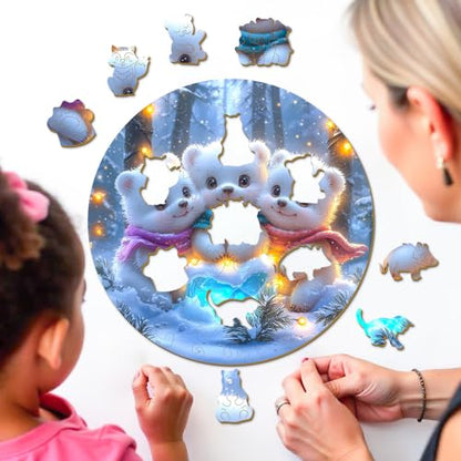Winter Wooden Puzzles for Kids - Family Bear (11.4 * 11.4 in) | 50 Piece Puzzles for Kids Ages 6-8, Kids Puzzles with Unique Animal Shapes, Round Gift for Girls and Boys - color: Family Bear