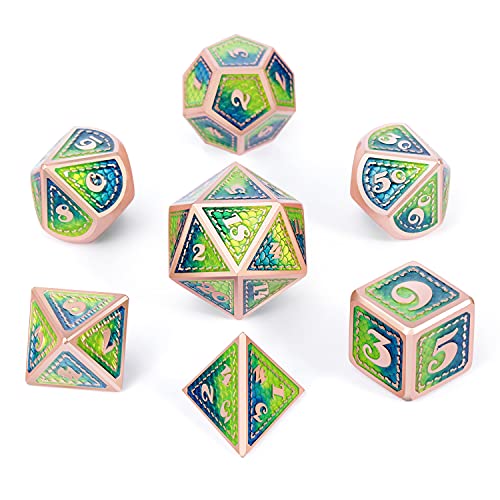 Metal DND Dice Set with Gift Metal Case DNDND 7 PCS Metallic Dungeons and Dragons Die for DND Game (Blue & Green with Matt Copper Edge) - color: Blue & Green With Matt Edge