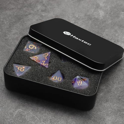 Haxtec Purple DND Dice Set, Glitter Sharp Edge Resin Polyhedral Dice | D&D Dice with Metal Case, Compatible with Dungeons and Dragons, Role Playing Games, TTRPG DND Gifts - color: Purple Pink