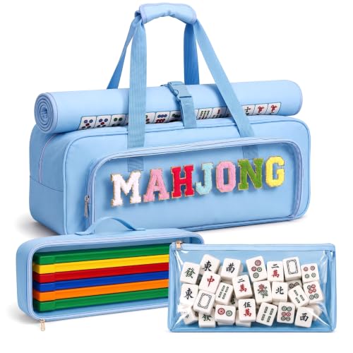3 Piece Mahjong Storage Bag Set for American Mahjong, Clear Zippered Travel Organizer with Chenille Letter Patch for Tiles, Racks and Accessories, Portable Empty Carrying Case(Blue) - color: Blue
