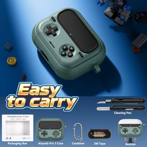 Getino Retro Game Case for AirPods Pro 3 | Game Console Design Protective Cover with Foldable Stand, Secure Lock Anti-Drop Shockproof PC+TPU Case, Keychain & Cleaning Kit for Men & Boys, Pine Green - color: Pine Green