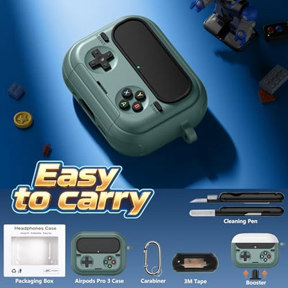 Getino Retro Game Case for AirPods Pro 3 | Game Console Design Protective Cover with Foldable Stand, Secure Lock Anti-Drop Shockproof PC+TPU Case, Keychain & Cleaning Kit for Men & Boys, Pine Green - color: Pine Green