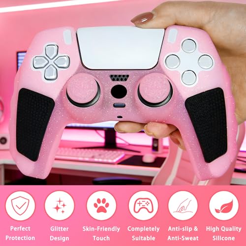 Pink Glitter Anti Slip Soft Thicked Studded Silicone Cover Skins Compatible with PS5 Controller,Include 8 PCS Pink Thumb Grips Glow and 2 Cat Paw Grips Accessories. - color: Pink Black