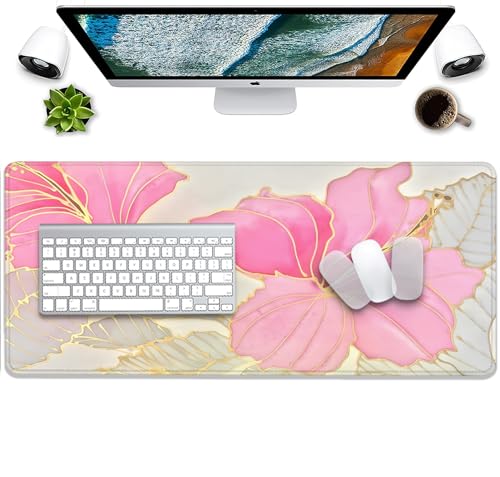 Abstract Floral Mouse Pad Desk Mat,Pink and Gold Extended Gaming Mouse Pad with Stitched Edges,Non-Slip Waterproof Rubber Base for Office,Computer,Keyboard,Laptop and Home Desk Pad(27.5X11.8 in) - color: Abstract Flower Pink and Gold