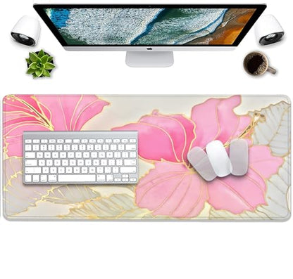 Abstract Floral Mouse Pad Desk Mat,Pink and Gold Extended Gaming Mouse Pad with Stitched Edges,Non-Slip Waterproof Rubber Base for Office,Computer,Keyboard,Laptop and Home Desk Pad(27.5X11.8 in) - color: Abstract Flower Pink and Gold