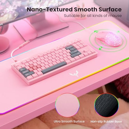 BladeHawks RGB Gaming Mouse Pad Extra Large Extended 31.5x12 Inch-Pink | LED mouse pad with 14 lighting modes, covers keyboard & mouse, anti-slip rubber base, waterproof surface, USB powered - color: Pink