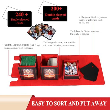 Card Deck Box for Trading Cards with Dice Storage, Double window separation Box Holds 200+ Single Sleeved Cards, PU Leather Magnetic Closure Storage Case for Magic Commander TCG CCG (Black&Red)