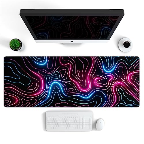 Ovenbird Gaming Mouse Pad with Stitched Edges, Topographic Map Pink Extended XL Mousepad with Anti-Slip Base, Cool Neon Large Mouse Pad for Desk, 31.5 x 11.8 in, Pink and Blue - color: Neon Topo, size: Extended