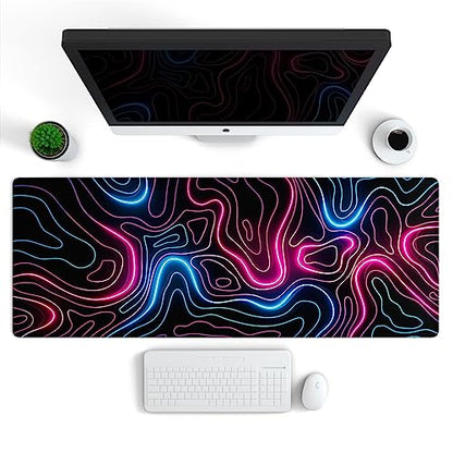 Ovenbird Gaming Mouse Pad with Stitched Edges, Topographic Map Pink Extended XL Mousepad with Anti-Slip Base, Cool Neon Large Mouse Pad for Desk, 31.5 x 11.8 in, Pink and Blue - color: Neon Topo, size: Extended
