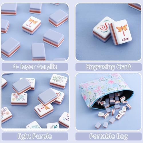 American Mahjong Tile Set,160 Light Purple Acrylic (4-Layer) Engraved Mahjong Tiles, Mahjong Tile Bag and Mahjong Accessories for Mahjong Beginner