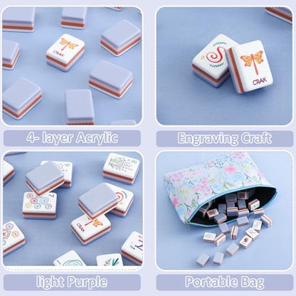 American Mahjong Tile Set,160 Light Purple Acrylic (4-Layer) Engraved Mahjong Tiles, Mahjong Tile Bag and Mahjong Accessories for Mahjong Beginner