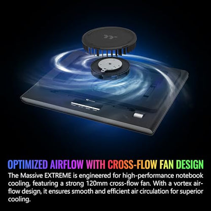 Thermaltake Massive EXTREME Notebook Cooler; Laptop up to 18in; 800~3500 RPM; 48.5 CFM; 120mm Cross Flow Fan; Ambient Temp Sensor; PWM Scroll Wheel; 2 Stage Height & Angle Adjustment; CL-N023-PL12SW-B