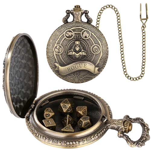 Mini DND Dice Set Steampunk Rogue Pocket Watch Shell Case, 7pcs Polyhedral Metal D&D Dice Set, D&D Gifts with Gift Box for Player, Role Playing Board Games Accessories, Bronze - color: Rogue