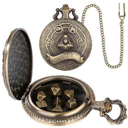Mini DND Dice Set Steampunk Rogue Pocket Watch Shell Case, 7pcs Polyhedral Metal D&D Dice Set, D&D Gifts with Gift Box for Player, Role Playing Board Games Accessories, Bronze - color: Rogue