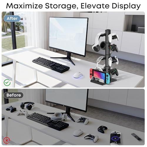 Headphone and Game Controller Desk Stand for PS5/ Xbox/ PS4 Controller, 4 Tiers Headset Hanger with Organizer for Switch 2/1/PS Portal Game Console, Multiple Controller Storage Dispay Rack- 8 Hooks
