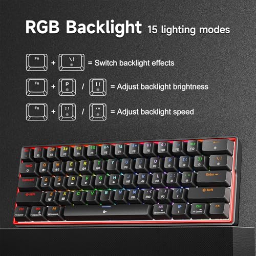KEMOVE K61SE Gaming Mechanical Keyboard, 60 Percent Wired RGB Backlit N-Key Rollover Compact Mini 61 Keys Keyboard for PC Laptop, Red Switch - color: Black-RGB, size: Red Switch