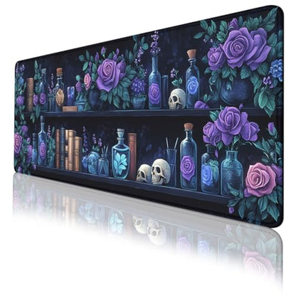 Bookshelf Gaming Mouse Pad Purple Roses Gothic Fantasy Potion Extended Mousepad Waterproof Stitched Edges Rubber Base Non-Slip Deskmap Computer Keyboard Mat 31.5x11.8 Inch - color: Bookshelf_06, size: 31.5L x 11.8W inches