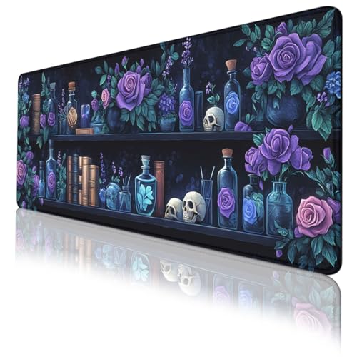 Bookshelf Gaming Mouse Pad Purple Roses Gothic Fantasy Potion Extended Mousepad Waterproof Stitched Edges Rubber Base Non-Slip Deskmap Computer Keyboard Mat 31.5x11.8 Inch - color: Bookshelf_06, size: 31.5L x 11.8W inches