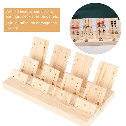 Wooden Display Stand with 12 Inserts for Earrings, Necklaces and Rings Storage and Showcase, 25x12.7x2cm, Natural Wood for Home Decor