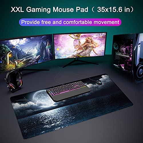 Desk Mat Pad,Large XXL Extended Mouse Pad Mat for Desktop Keyboard | 35''×15.6'' XXL Extended Gaming Mouse Pad with Non-slip Base Desk Matt Mousepad for Computer,Office,Keyboard and Laptop - color: C1-Moon Ocean