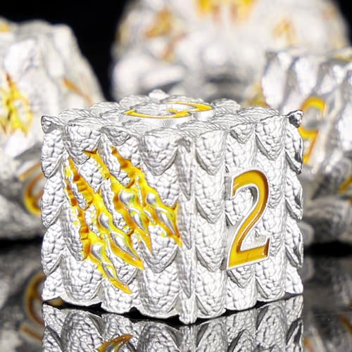 Dragon Scales Metal Dice Set with Intricate Dragon Claw Engravings - Gift Metal Box for D&D, MTG, RPG Tabletop Games（White） - color: White Dragon Scale (Dragon Claw)