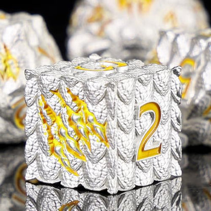 Dragon Scales Metal Dice Set with Intricate Dragon Claw Engravings - Gift Metal Box for D&D, MTG, RPG Tabletop Games（White） - color: White Dragon Scale (Dragon Claw)
